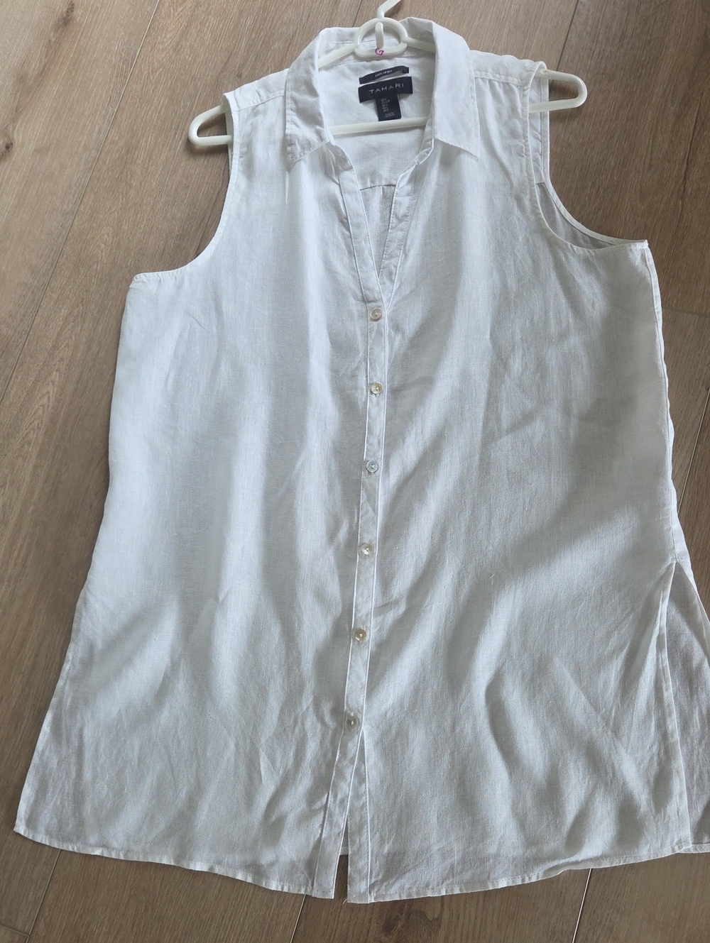 Tahari White Sleeveless Button-Front Linen Blend Tunic